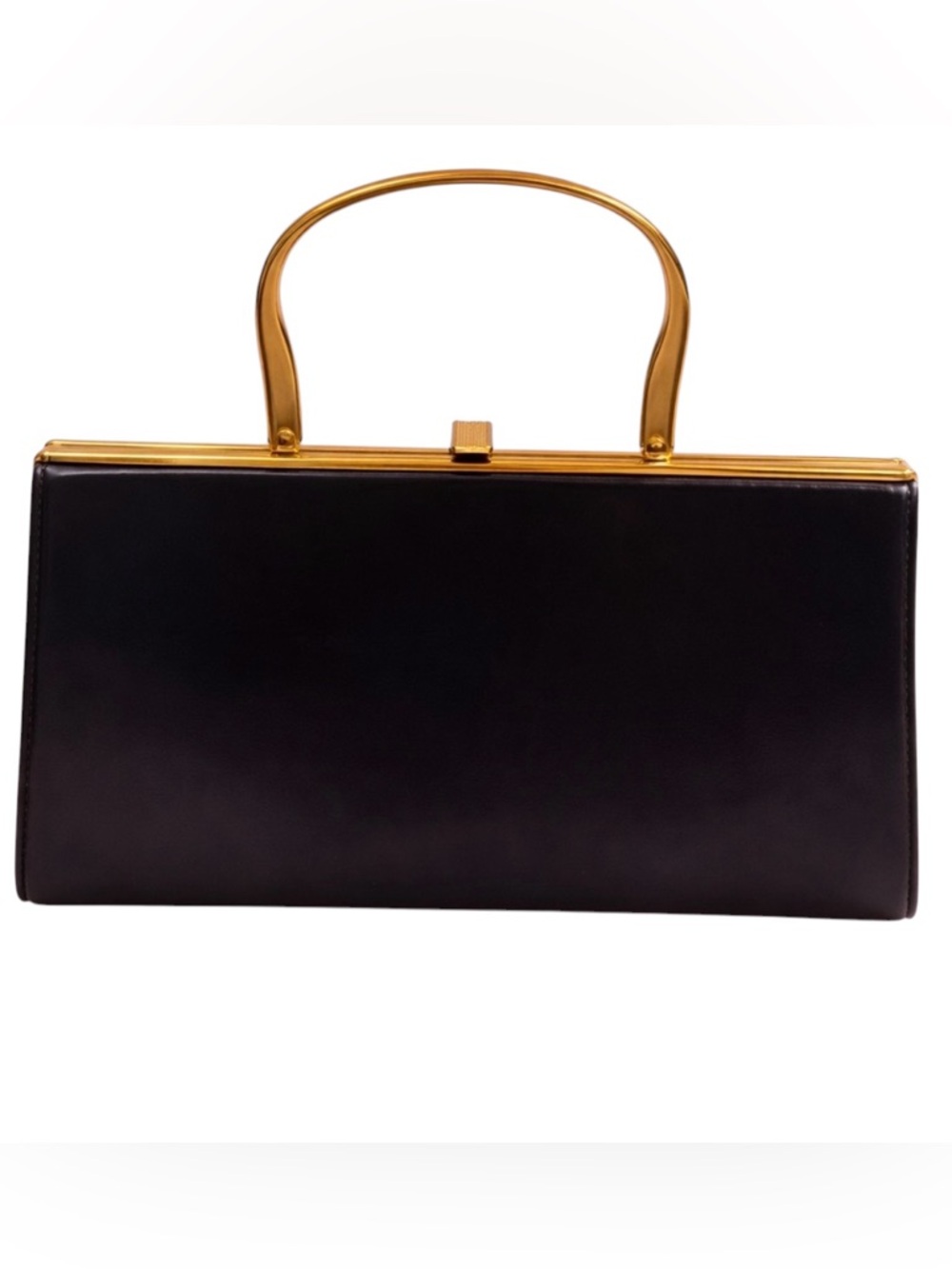 Vintage Bonwit Teller Brown Leather Frame Evening Bag Gold Handle